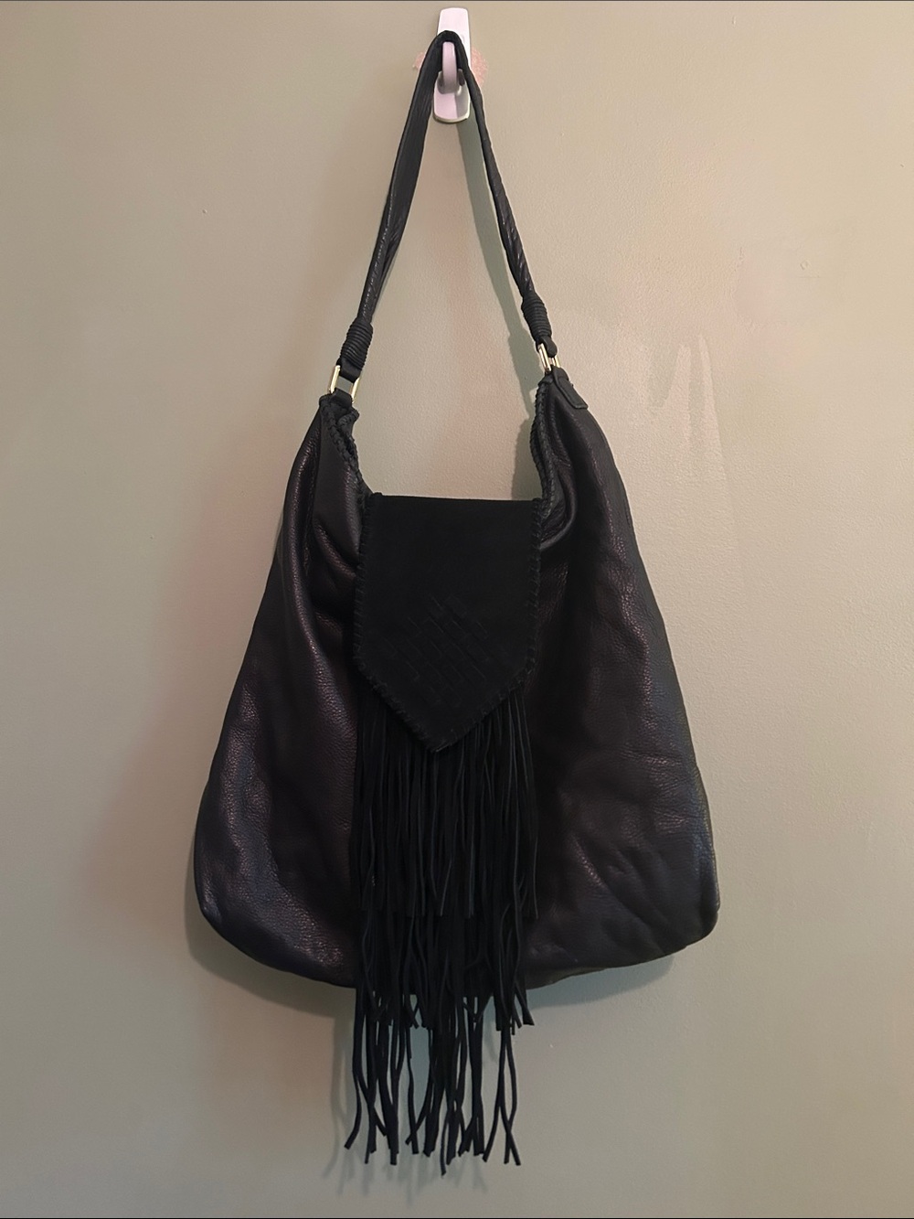 Margot Black Leather Fringe Hobo Bag.
